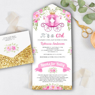 Pink Floral Cute Princess Carriage Baby Shower All In One Invitation
