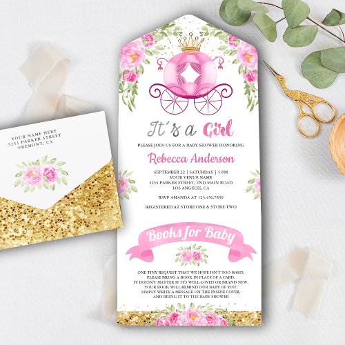 Pink Floral Cute Princess Carriage Baby Shower All In One Invitation