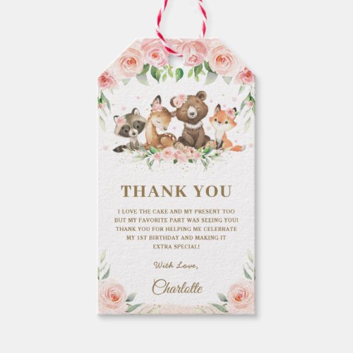 Pink Floral Cute Woodland Animals Birthday Party  Gift Tags