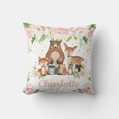 Pink Floral Cute Woodland Animals Girl Nursery Throw Pillow