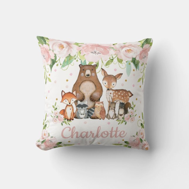 Pink Floral Cute Woodland Animals Girl Nursery Throw Pillow (Front)