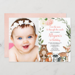 Pink floral cute woodland girl 1st birthday photo invitation