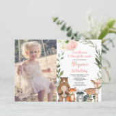 Pink floral cute woodland girl birthday photo invitation (Standing Front)