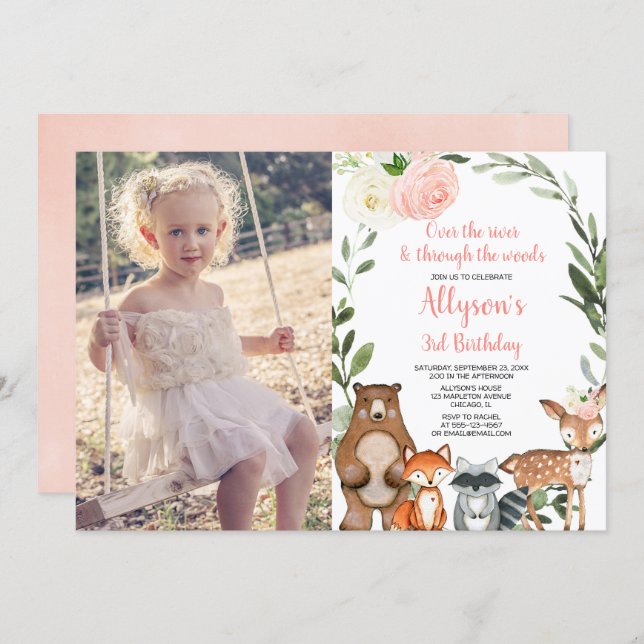 Pink floral cute woodland girl birthday photo invitation (Front/Back)