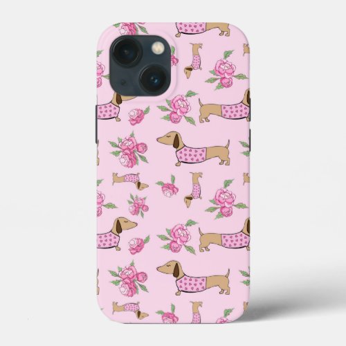 Pink Floral Dachshund Themed Phone iPhone 13 Mini Case