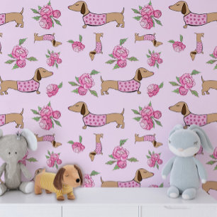Pink Floral Dachshunds and Peonies Nursery  Wallpaper
