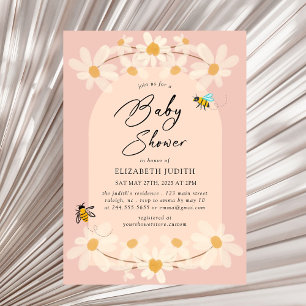 Pink Floral Daisy Bees Baby Shower Invitation