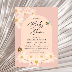 Pink Floral Daisy Bees Baby Shower Invitation