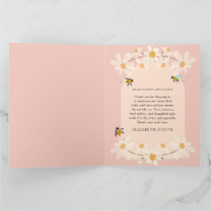 Pink Floral Daisy Bees Baby Shower Letterpress Thank You Card