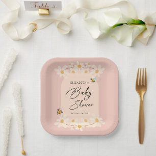 Pink Floral Daisy Bees Baby Shower Paper Plates