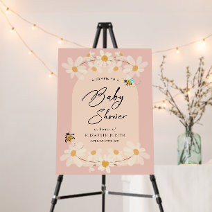 Pink Floral Daisy Bees Baby Shower Welcome Sign