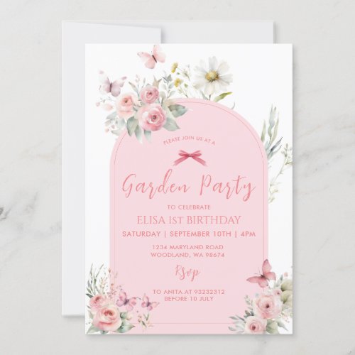 Pink Floral Daisy Butterfly Garden Party  Invitation