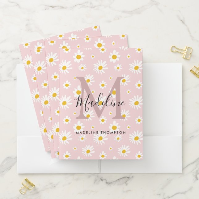 Pink Floral Daisy Flower Monogram Pocket Folder (In Situ)