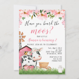 Pink Floral Daisy Hear The Moos Cow Birthday Invitation