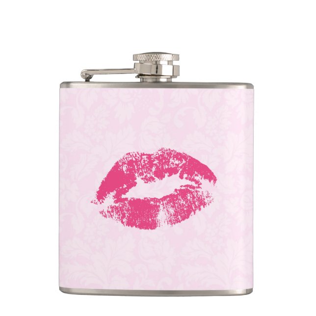 Pink Floral Damask And Lips Flask (Front)