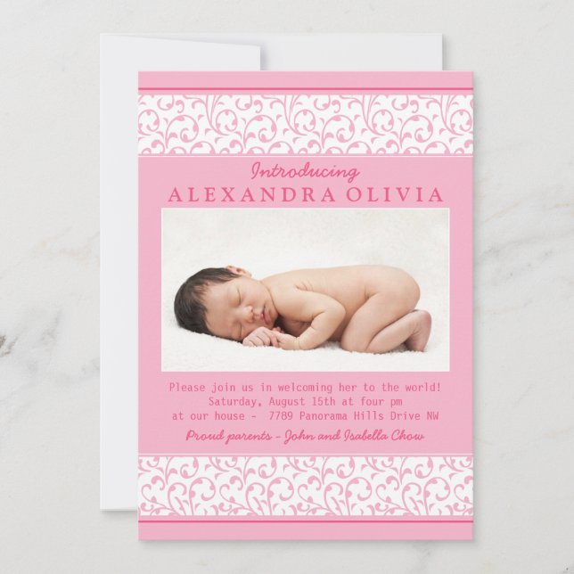 Pink Floral Damask Photo Sip N See Baby Shower Invitation (Front)