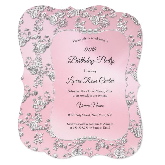 Pink floral Damask Silver rose Birthday Party Invitation | Zazzle.com