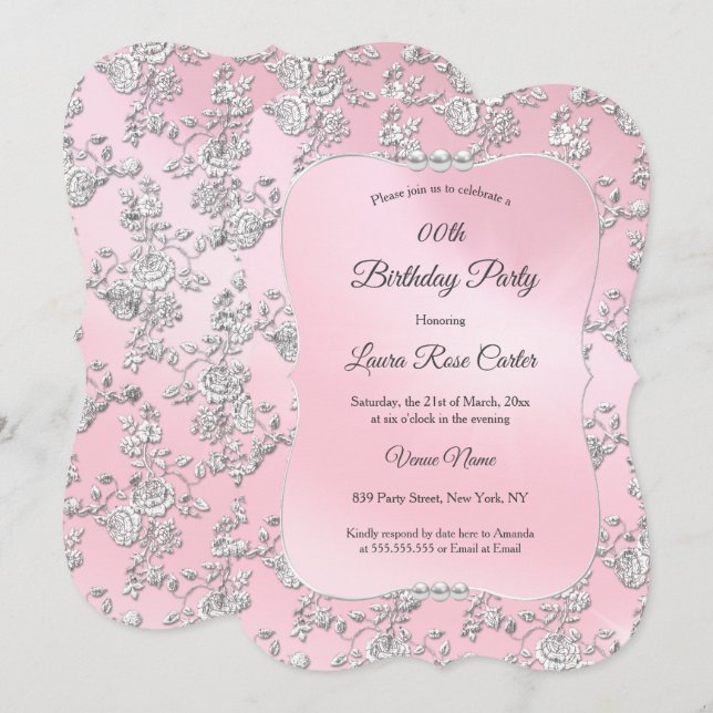 Pink floral Damask Silver rose Birthday Party Invitation (Front/Back)