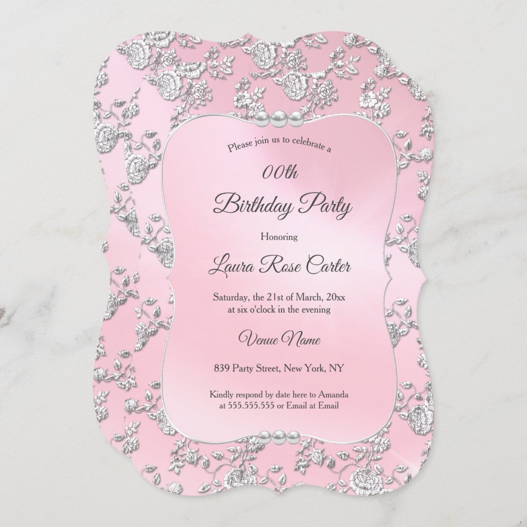 Pink floral Damask Silver rose Birthday Party Invitation | Zazzle