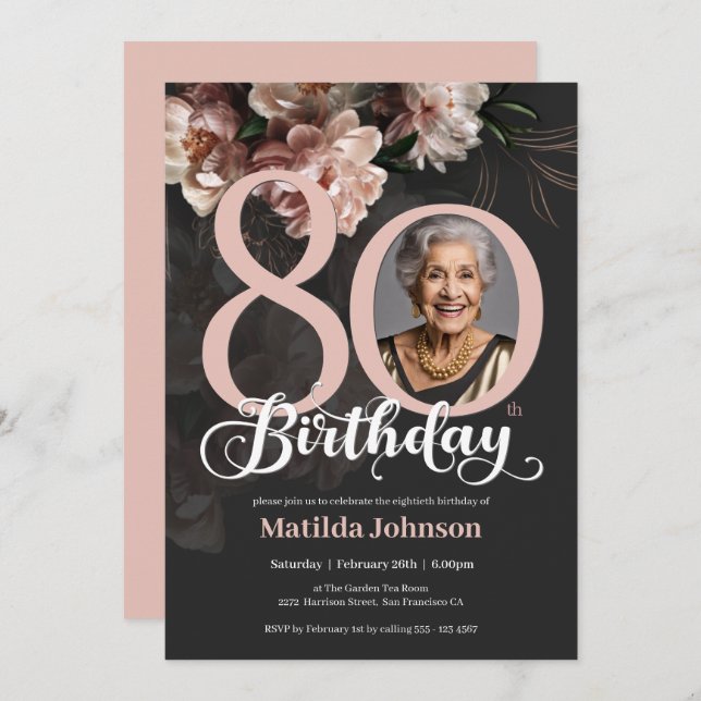Pink Floral Dark Gray Photo 80th Birthday  Invitation (Front/Back)