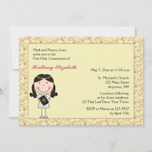 Pink Floral, Dark Hair Girl Communion Invitation