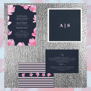 Pink Floral & Dark Navy Watercolor Wedding Invitation