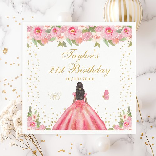 Pink Floral Dark Skin Girl Birthday Party Napkins