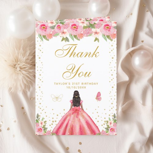 Pink Floral Dark Skin Girl Birthday Party Thank You Card