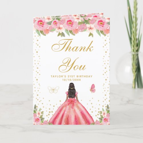 Pink Floral Dark Skin Girl Birthday Party Thank You Card