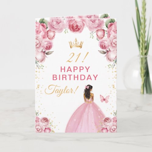 Pink Floral Dark Skin Girl Happy Birthday