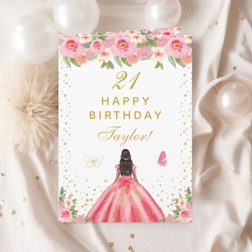 Pink Floral Dark Skin Girl Happy Birthday Card