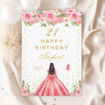 Pink Floral Dark Skin Girl Happy Birthday Card<br><div class="desc">This elegant and glamorous birthday card can be personalized with a name or title such as daughter, granddaughter, niece, friend etc. The design features a beautiful princess with dark hair and dark skin in a pink ball gown. The text combines handwritten script and modern sans serif fonts for a classy...</div>