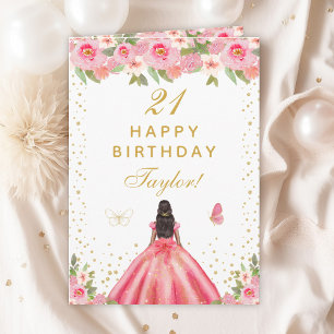Pink Floral Dark Skin Girl Happy Birthday Card