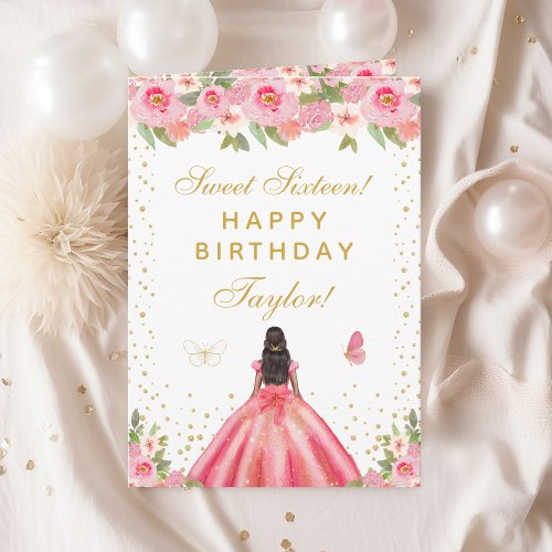 Pink Floral Dark Skin Girl Sweet Sixteen Card