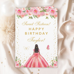 Pink Floral Dark Skin Girl Sweet Sixteen Card
