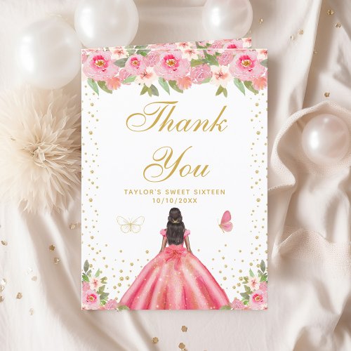 Pink Floral Dark Skin Girl Sweet Sixteen Thank You Card