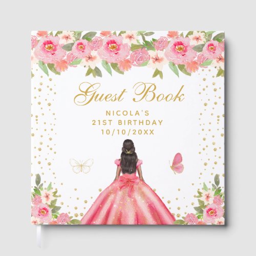 Pink Floral Dark Skin Princess Birthday Party Guest Book