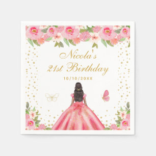 Pink Floral Dark Skin Princess Birthday Party Napkins