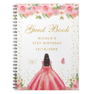 Pink Floral Dark Skin Princess Birthday Party Notebook