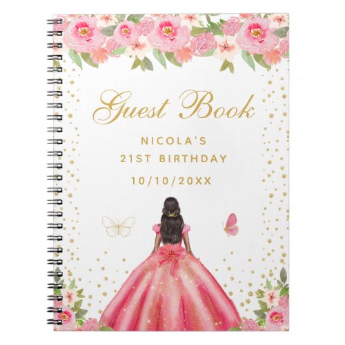 Pink Floral Dark Skin Princess Birthday Party Notebook