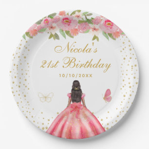 Pink Floral Dark Skin Princess Birthday Party Paper Plates