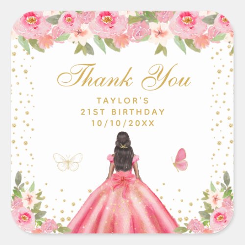 Pink Floral Dark Skin Princess Birthday Party Square Sticker
