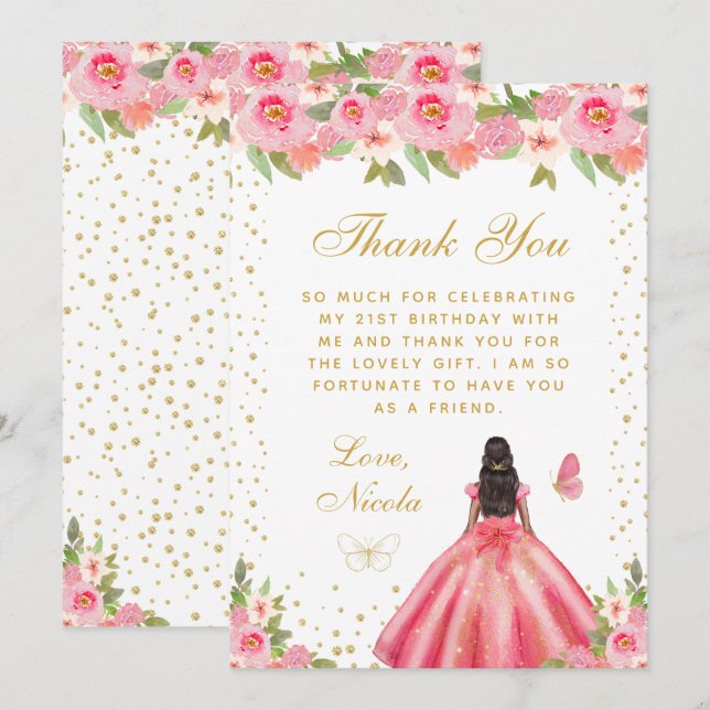 Pink Floral Dark Skin Princess Birthday Party Thank You Card (Front/Back)