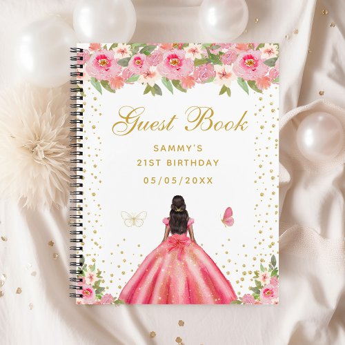 Pink Floral Dark Skin Princess Guest Book