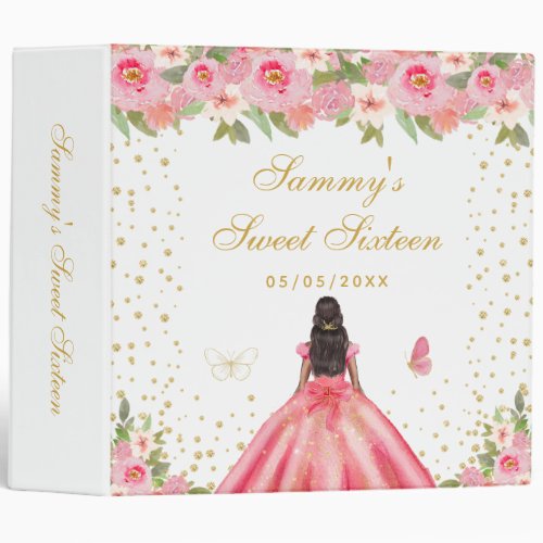 Pink Floral Dark Skin Princess Sweet Sixteen 3 Ring Binder