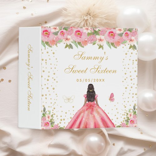 Pink Floral Dark Skin Princess Sweet Sixteen 3 Ring Binder