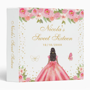 Pink Floral Dark Skin Princess Sweet Sixteen 3 Ring Binder