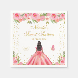 Pink Floral Dark Skin Princess Sweet Sixteen Napkins