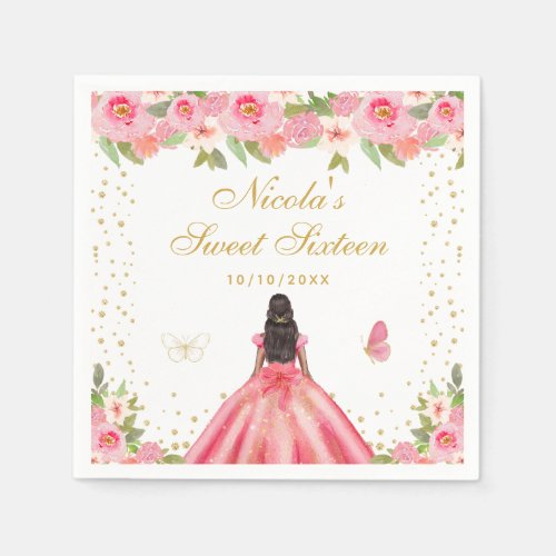 Pink Floral Dark Skin Princess Sweet Sixteen Napkins