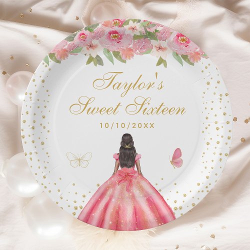 Pink Floral Dark Skin Princess Sweet Sixteen Paper Plates